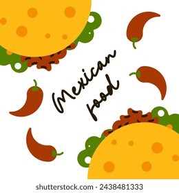 Mexican food background. Flat mexican food illustration background with food icons