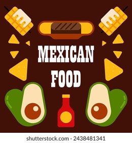 Mexican food background. Flat mexican food illustration background with food icons