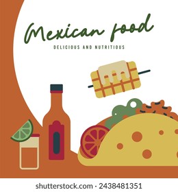 Mexican food background. Flat mexican food illustration background with food icons