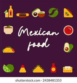 Mexican food background. Flat mexican food illustration background with food icons