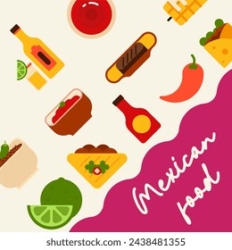 Mexican food background. Flat mexican food illustration background with food icons