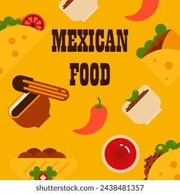 Mexican food background. Flat mexican food illustration background with food icons