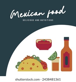 Mexican food background. Flat mexican food illustration background with food icons