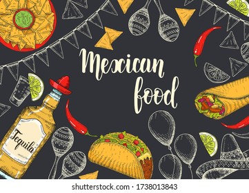 Mexican food background with  hand drawn symbols - flag garland, chili pepper, maracas, sombrero, nachos, tacos, burritos, tequila, balloons on black. Hand made lettering. Sketch. Cinco de Mayo 