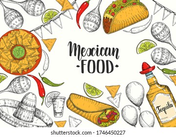 Mexican food background with hand drawn symbols - flag garland, chili pepper, maracas, sombrero, jalapenos, nachos, tacos, burritos, tequila, balloons. Hand made lettering. Sketch. Cinco de Mayo 