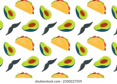 Mexican food, background with Mexican motifs, traditions and Mexican food. Mexican pattern, seamless avocado pattern, tacos and mustache.