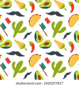 Mexican food, background with Mexican motifs, traditions and Mexican food. Mexican pattern, seamless avocado pattern, flag, cactus, pepper chili, tacos and mustache.