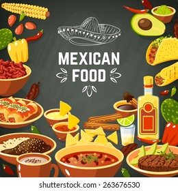 Mexican food background with traditional spicy meal and chalkboard hat vector illustration