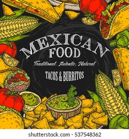 Mexican food background with traditional spicy dish. Spicy Mexican menu hot meal and chalkboard vector illustration, tacos, burrito, guacamole, salsa. Food hand drawn label elements