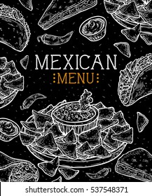 Mexican food background with traditional spicy dish. Spicy Mexican menu hot meal and chalkboard vector illustration, tacos, burrito, guacamole, salsa. Food hand drawn label elements