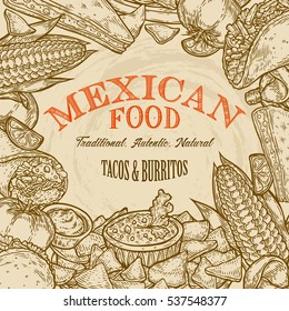 Mexican food background with traditional spicy dish. Spicy Mexican menu hot meal and chalkboard vector illustration, tacos, burrito, guacamole, salsa. Food hand drawn label elements