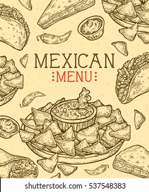 Mexican food background with traditional spicy dish. Spicy Mexican menu hot meal and chalkboard vector illustration, tacos, burrito, guacamole, salsa. Food hand drawn label elements