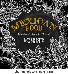 Mexican food background with traditional spicy dish. Spicy Mexican menu hot meal and chalkboard vector illustration, tacos, burrito, guacamole, salsa. Food hand drawn label elements