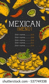 Mexican food background with traditional spicy dish. Spicy Mexican menu hot meal and chalkboard vector illustration, tacos, burrito, guacamole, salsa. Food hand drawn label elements