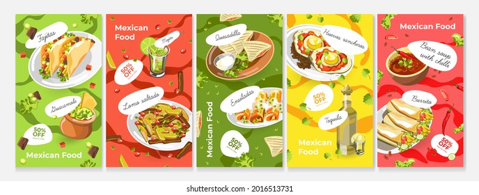 Mexican food banner set, vector illustration. Restaurant menu story with fajitas, guacamole, mojito, lomo saltado with discount price. Traditional meal quesadilla, enchiladas, huevos rancheros.