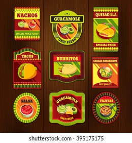 Mexican food bright colorful emblems of national dishes with meat spices on wooden background isolated vector illustration 