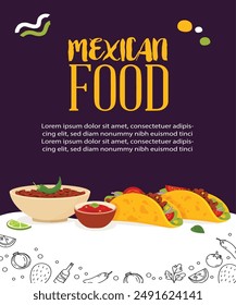 Mexican food burrito, soda, nachos, tacos Nachos sauce with salsa and tomato traditional spicy meal and chalkboard hat vector menu , burritos, guacamole cook