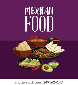 Mexican food burrito, soda, nachos, tacos Nachos sauce with salsa and tomato traditional spicy meal and chalkboard hat vector menu , burritos, guacamole cook