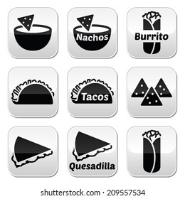 Mexican food buttons - tacos, nachos, burrito, quesadilla 