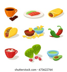 Mexican food cartoon set. Delicious recipes to cook, ingredients for restaurant, party cooking. Vector flat style illustration isolated on white background