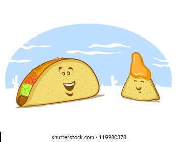 Mexican Food Cartoon with a Taco and a Nacho