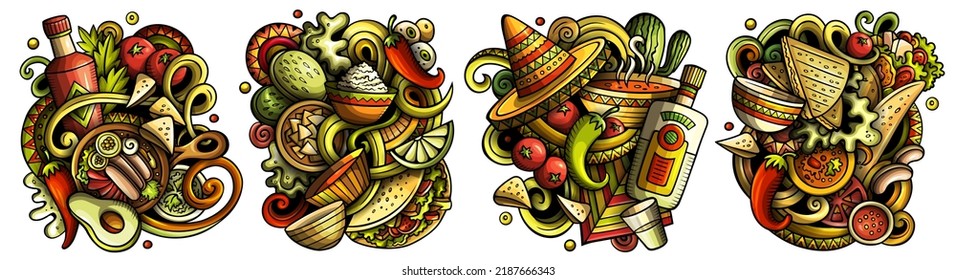 mexikanischer Lebensmittelcartoon, Vektordoodle Designs Set. Farbige, detaillierte Kompositionen mit vielen latinamerikanischen Essensobjekten und Symbolen. Einzeln auf weißen Illustrationen