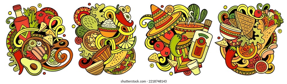 Mexican food cartoon vector doodle designs set. Colorful detailed compositions with lot of latinamerican cuisine objects and symbols. Isolated on white illustrations