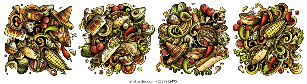 Mexican food cartoon vector doodle designs set. Colorful detailed compositions with lot of latinamerican cuisine objects and symbols. Isolated on white illustrations