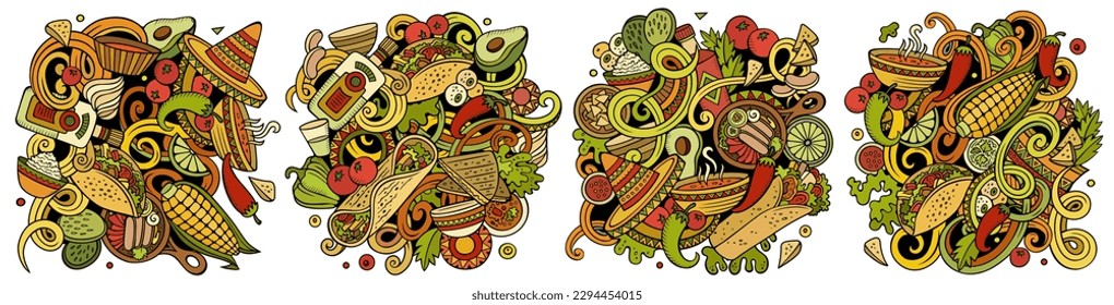 Mexican food cartoon vector doodle designs set. Colorful detailed compositions with lot of latinamerican cuisine objects and symbols. Isolated on white illustrations