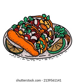 Mexican food Castacan tacos. Hand drawn vector illustration in doodle style.