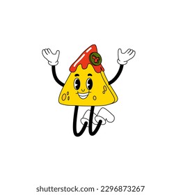 Mexican food character in groovy style. Trippy mascot with salsa sauce. Disco snack chip. Happy cartoon illustration