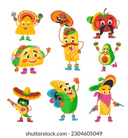 Mexican food characters, isolated funny personages. Taco and burrito, avocado and chips with maracas, jalapeno and corn with cowboy hat. Cute meal in clothes. Vector in flat style illustration