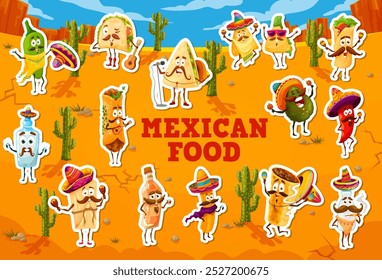 Pegatinas de personajes de comida mexicana. Taco, quesadilla, burrito y guacamole, aguacate, chile, tequila, botella de pulque y churro, chips de nacho y tamal. Parches de Vector de personaje de la cocina de México