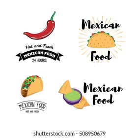 Mexican Food Chili Pepper. Nachos Sauce Salsa. Taco. Sombrero. Badges Labels. A restaurant or Cafe. Mexico Food. Traditional Mexican Cuisine. An Isolated Object. Vector Illustration. 