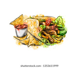 Mexican food. Chips with a tortilla, nachos with sauces from a splash of watercolor, hand drawn sketch. Vector illustration of paints