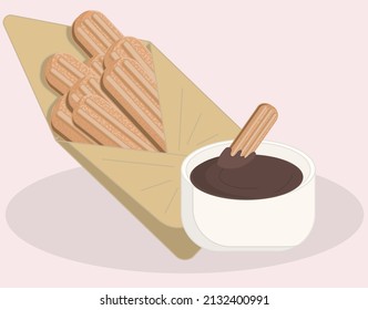Mexican food churros in an envelope with chocolate sauce. Vector illustration