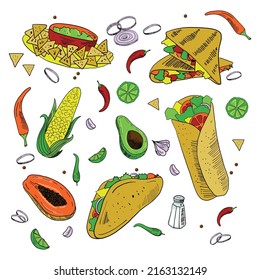 Mexican food. Collection of cartoon sketch illustrations. Vector set