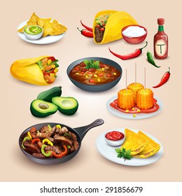 Mexican food. Colorful food illustrations in one set for menu and other design