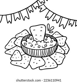 Mexican food coloring page. Doodle guacamole style nachos. Festive flags