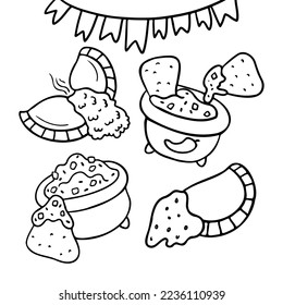 Mexican food coloring page. Nachos with guacamole, tomato salsa. Empanadas. Doodle style