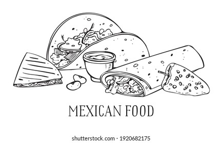 Mexican food composition. Quesadilla, taco, burrito, pepper, sauce. Hand drawn outline vector sketch illustration. Black on white background