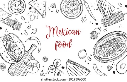 Composición culinaria mexicana con platos e ingredientes tradicionales. Ilustración de esbozo vectorial dibujado a mano. Negro sobre fondo blanco