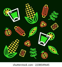 Mexican food. Corn, sausage and tequila outline pattern