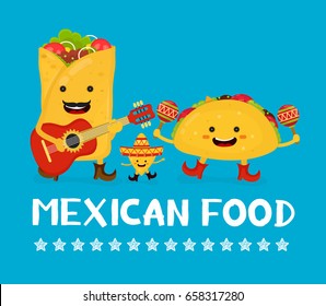 Mexican food creative card concept. Vector modern flat style cartoon character illustration. Isolated on blue background. Happy smiling mexican taco, burrito, nachos playing music and having fun.