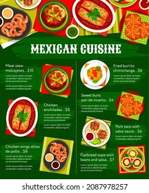 Mexican food, cuisine dishes and restaurant menu, vector dinner and lunch meals of Mexico restaurant. Mexican cuisine traditional food of meat, chicken enchilada and sweet buns, Latin cuisines svg