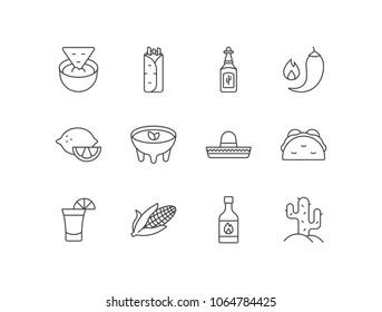 Mexican food, cuisine line icons set with guacamole, burritos, tequila, hot pepper, lime, salsa, sombrero, tacos, corn, cactus.