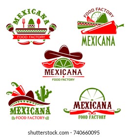 Mexican food cuisine or restaurant icon for cafe menu. Vector isolated set of Mexico sombrero hat, spicy chili jalapeno pepper, Mexicana tequila agave cactus drink with lime and nachos or burrito