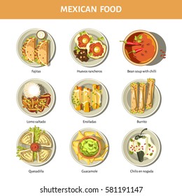 Mexican food cuisine for restaurant menu. Mexico traditional meal dishes fajitas, burrito, enchilada or quesadilla with guacamole and salsa sauce and spicy chili pepper or bean soup. Vector icons