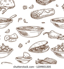 Mexican food cuisine traditional dishes sketch icon for restaurant menu seamless pattern.