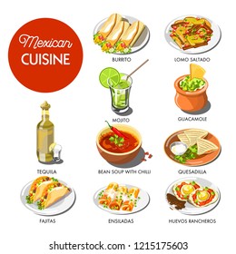 Mexican food cuisine traditional dishes of meal dishes fajitas, bean chili pepper soup, lomo saltado snack or burrito and quesadilla. tequila and mojito drinks. Vector icons for Mexico restaurant menu